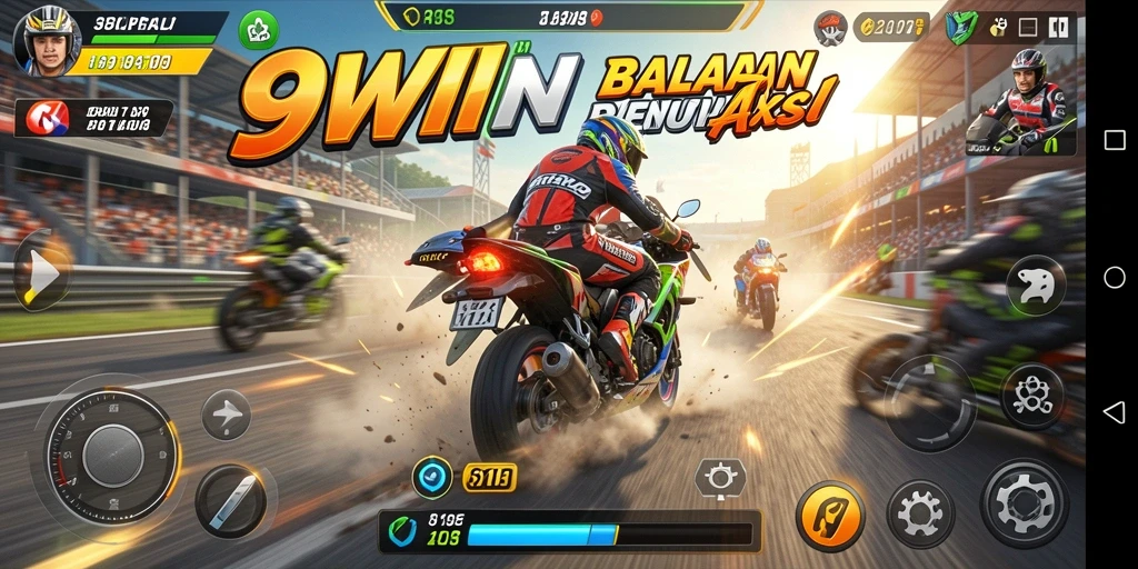Tangkapan layar utama 9WIN menampilkan aksi balapan motor yang mendebarkan.