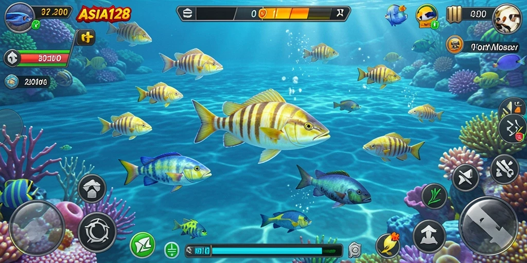 Tangkapan layar dari gameplay ASIA128 yang menampilkan aksi tembak ikan.
