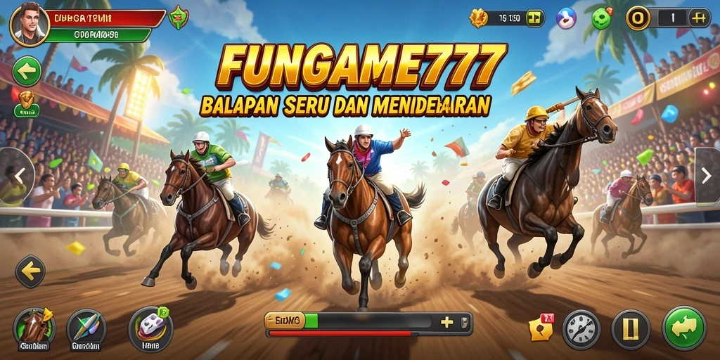 Tampilan gameplay seru FUNGAME777 dengan mobil balap yang melaju kencang.