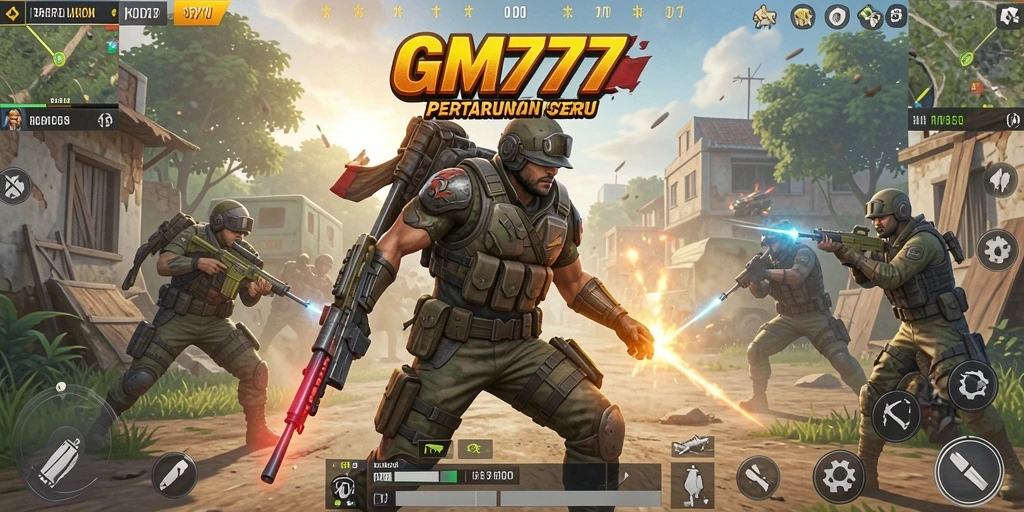 Screenshot gameplay GM777 yang memperlihatkan aksi pertempuran Battle Royale.