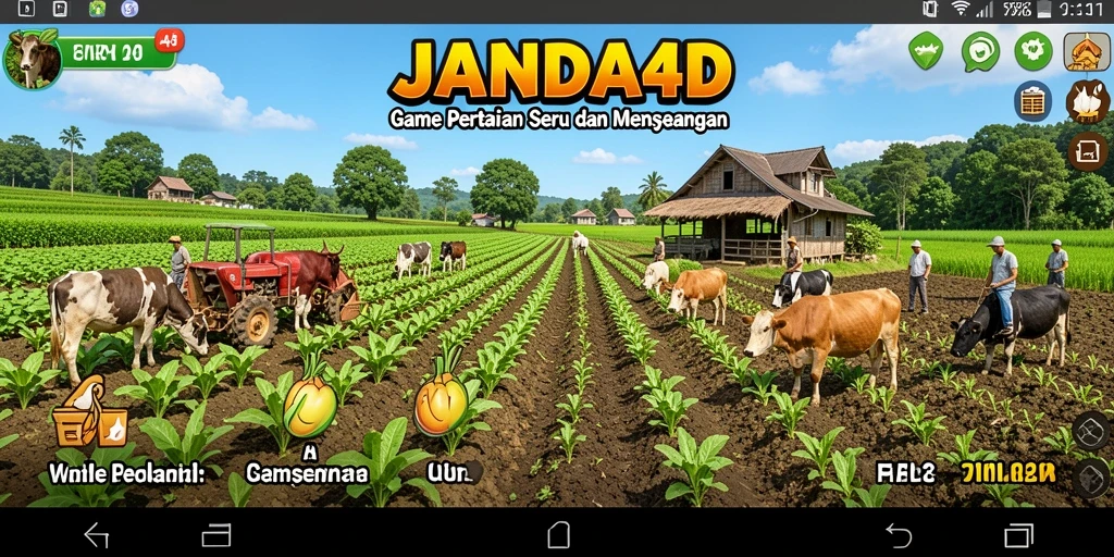 Screenshot gameplay JANDA4D menampilkan lahan pertanian yang subur dan aktivitas menanam.