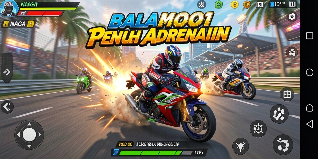 Screenshot NAGA1001 menampilkan intensitas balapan motor yang seru.