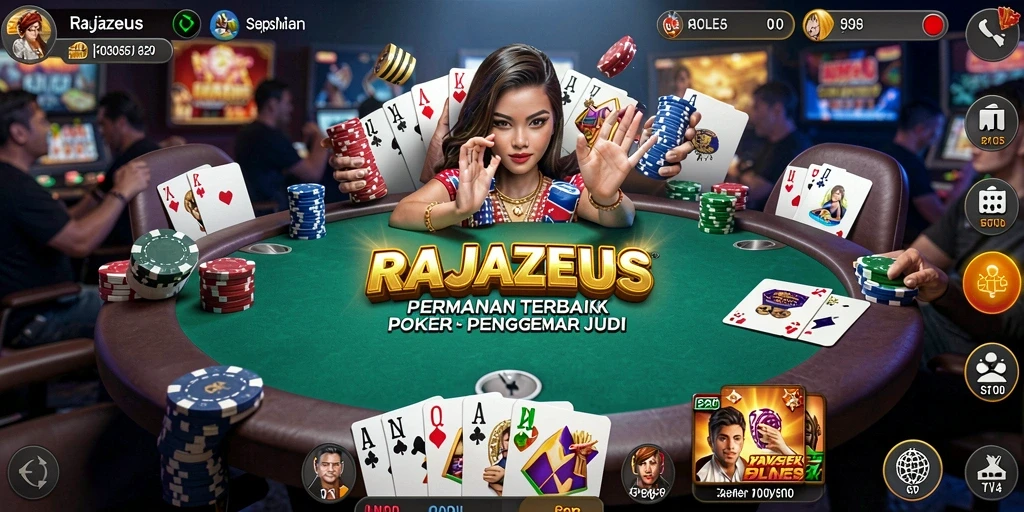 Tampilan gameplay seru dalam RAJAZEUS yang menampilkan aksi poker nyata.