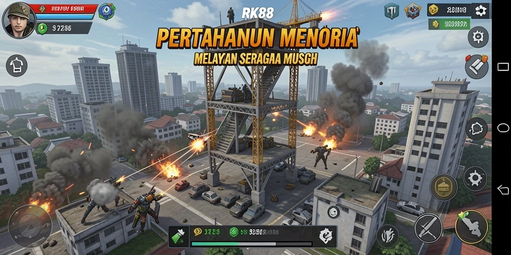 Screenshot gameplay Tower Defense RK88 menunjukkan menara yang sedang menyerang musuh.