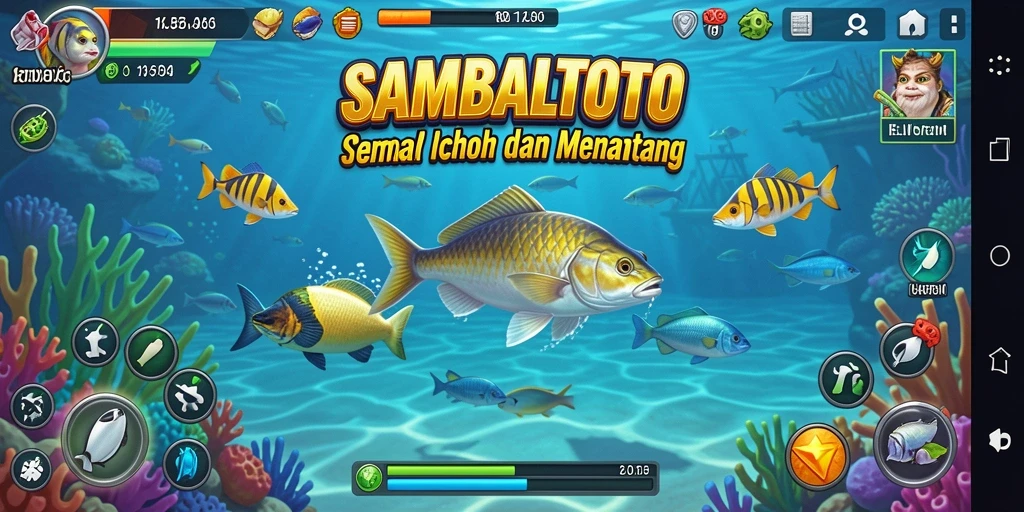 Screenshot gameplay yang menggambarkan aksi menembak ikan di SAMBALTOTO.