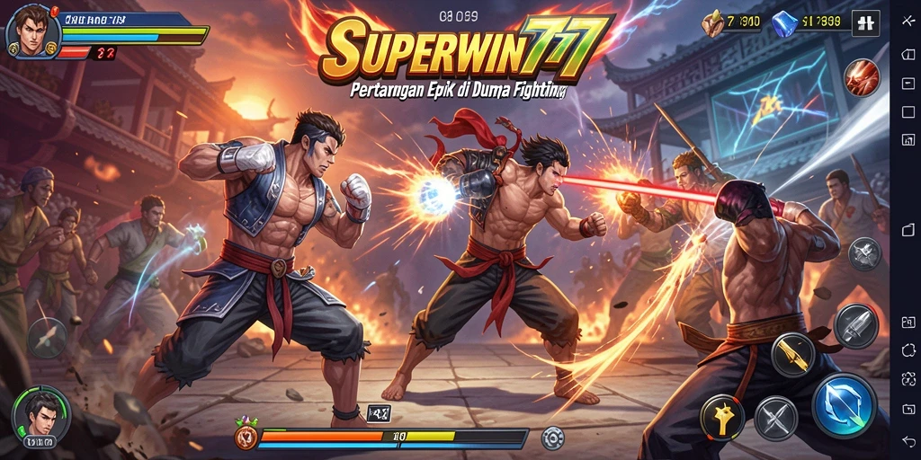 Screenshot gameplay <strong>SUPERWIN777</strong> menampilkan pertarungan karakter yang dinamis dan menarik.
