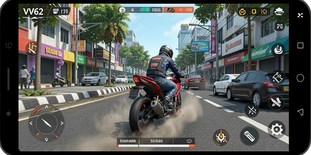 Tampilan balapan seru di jalan perkotaan dalam VV62.